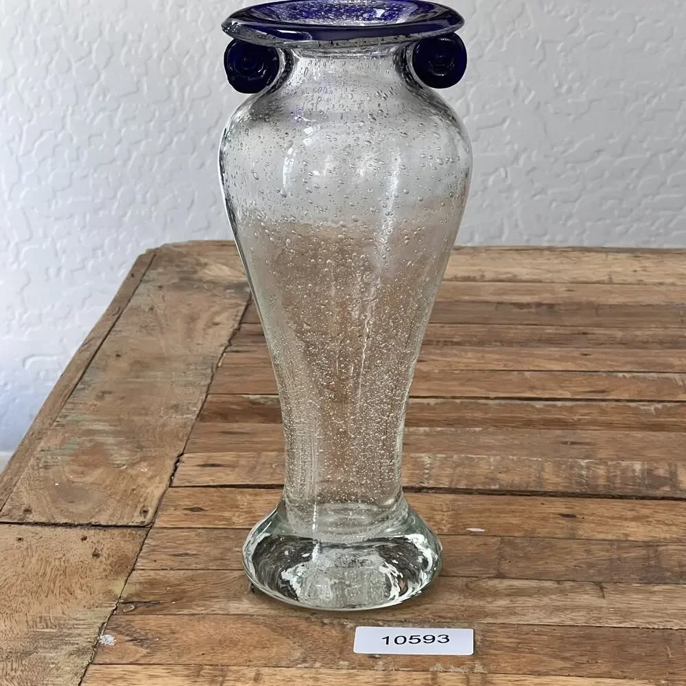 Hand Blown Glass Vase Cobalt Blue Scroll Handles & Rim Bubble Glass Art